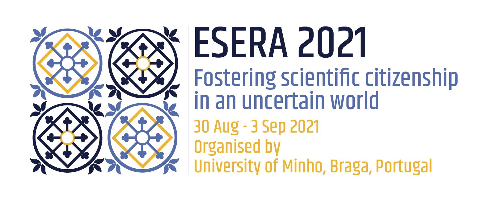 Logo de ESERA 2021 - Fostering scientific citizenship in an uncertain world. 30 Aug - 3 Sep 2021. Organised by University of Minho, Braga, Portugal.